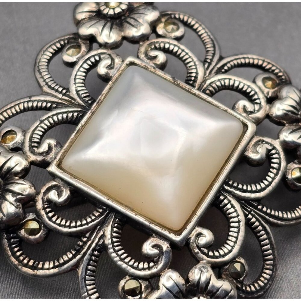 VTG 925A Sterling Silver MOP Brooch 1.25" Floral Cutouts Art Nouveau 11.41g - Picture 4 of 8